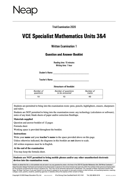 Neap Practice Exam: 2020 VCE Specialist Maths Units 3&4