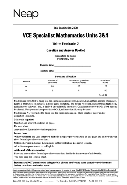 Neap Practice Exam: 2020 VCE Specialist Maths Units 3&4