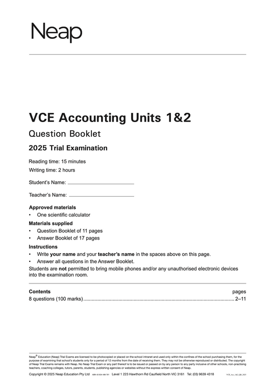 Neap Practice Exam: 2025 VCE Accounting Units 1&2 (Digital)