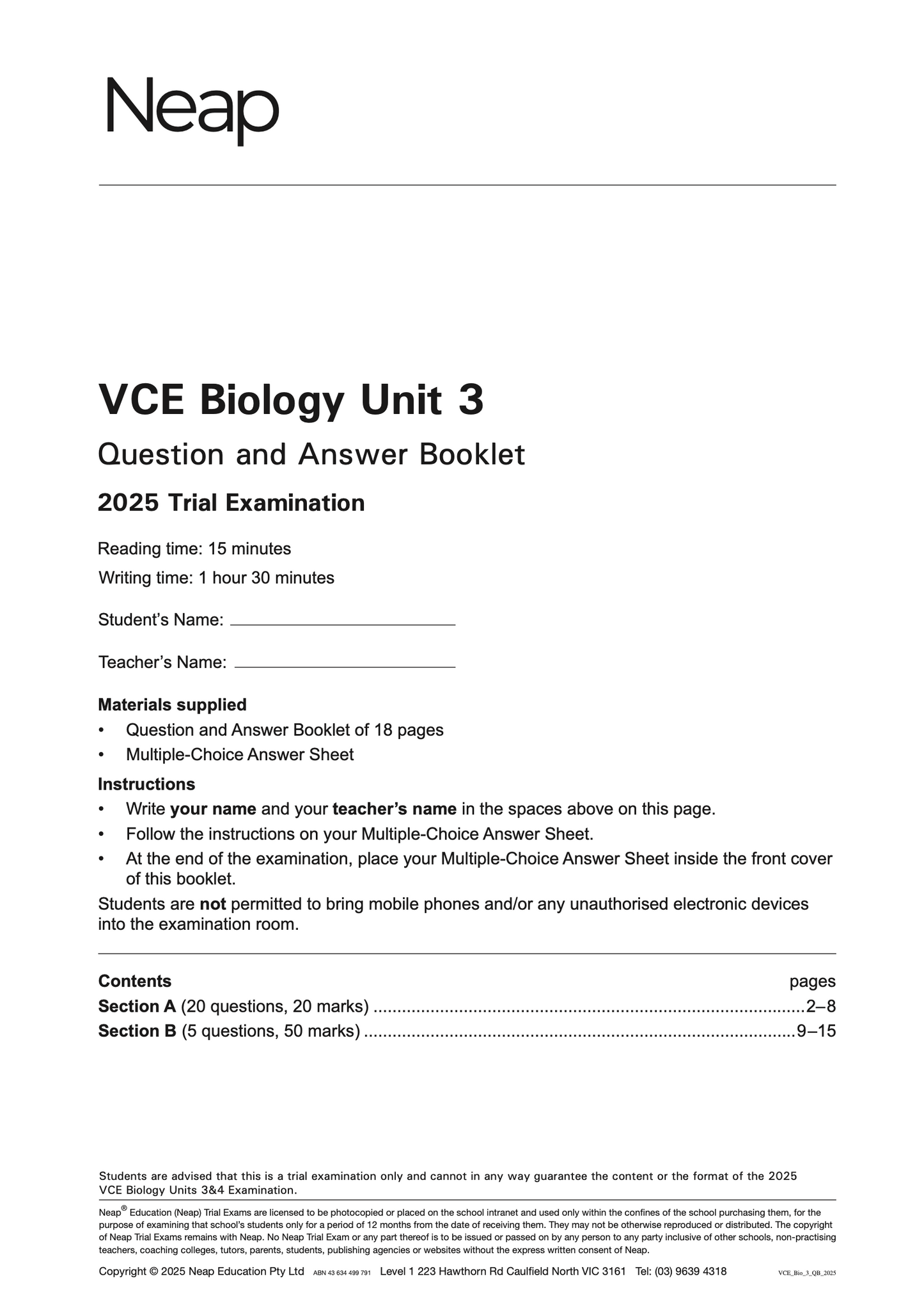Neap Practice Exam: 2025 VCE Biology Unit 3 (Digital)