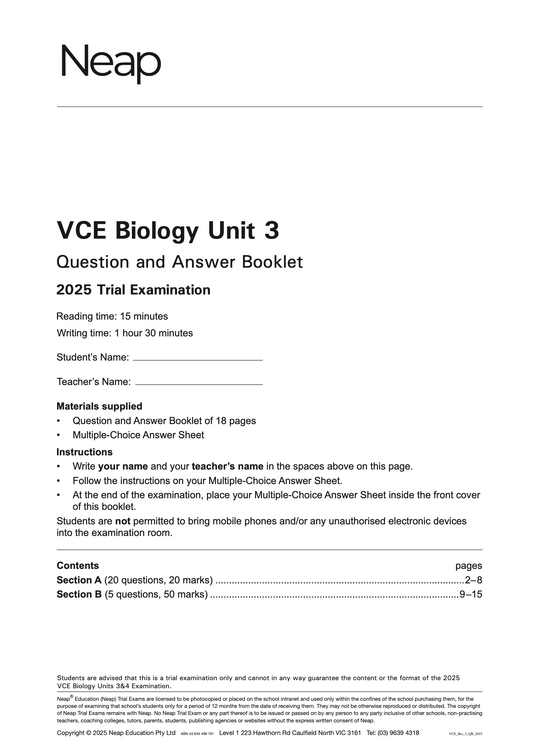 Neap Practice Exam: 2025 VCE Biology Unit 3 (Digital)