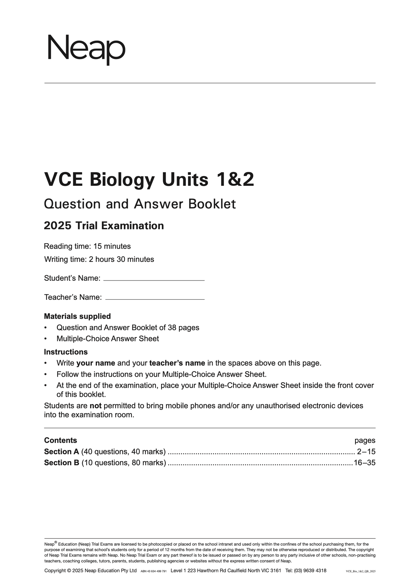 Neap Practice Exam: 2025 VCE Biology Units 1&2 (Digital)