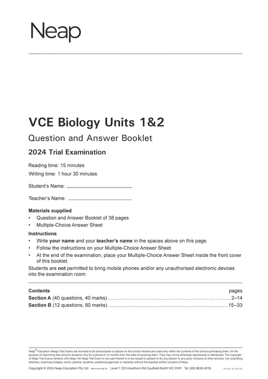 Neap Trial Exam: 2024 VCE Biology Units 1&2