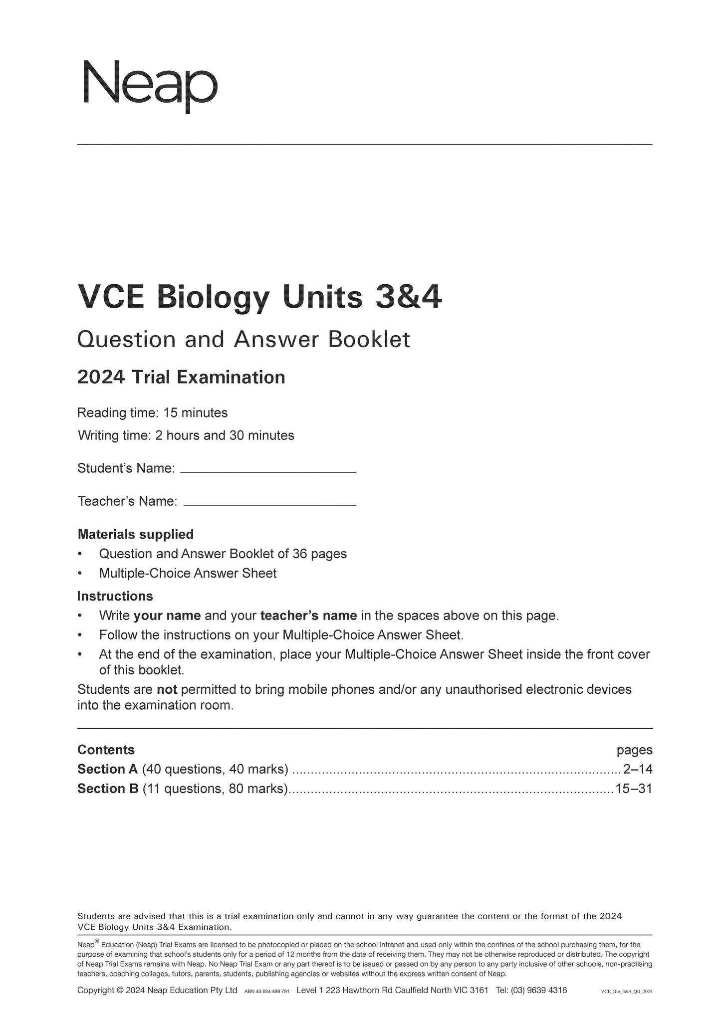 Neap Trial Exam: 2024 VCE Biology Units 3&4