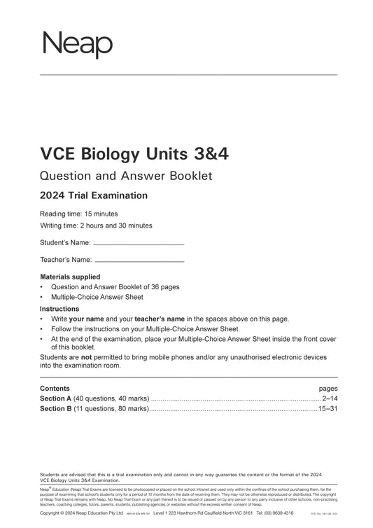 Neap Trial Exam: 2024 VCE Biology Units 3&4