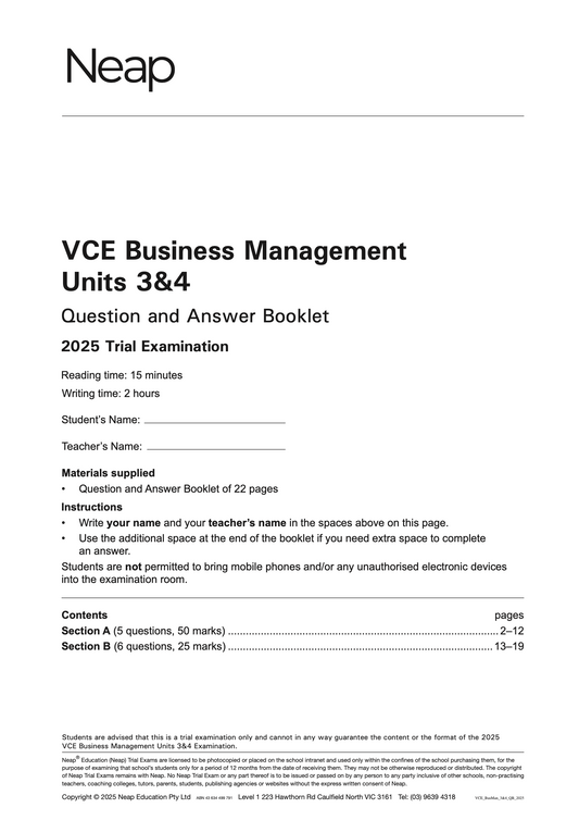 Neap Practice Exam: 2025 VCE Business Management Units 3&4 (Digital)