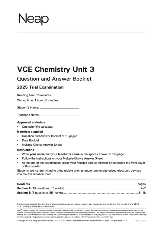 Neap Practice Exam: 2025 VCE Chemistry Unit 3 (Digital)