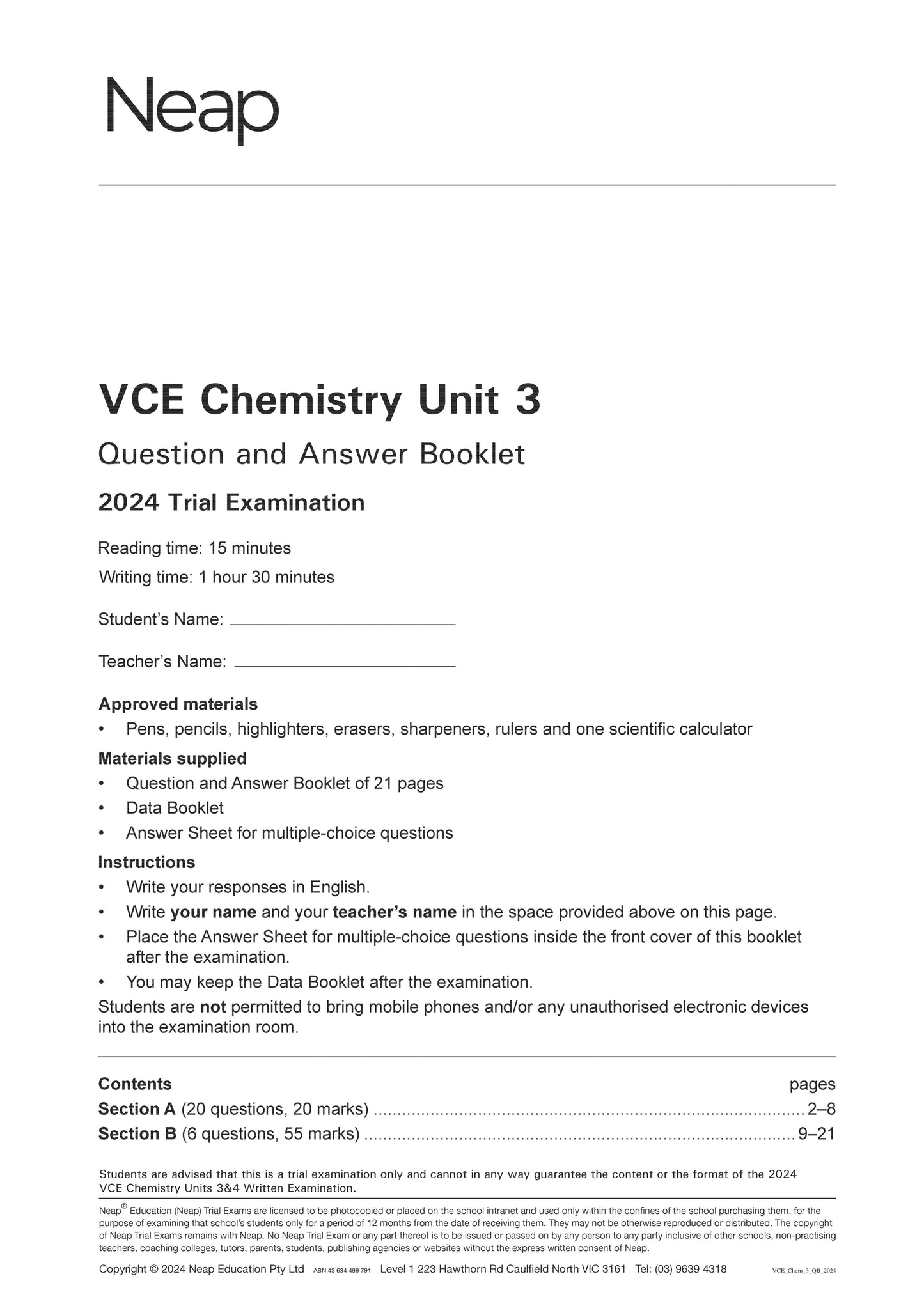 Neap Trial Exam: 2024 VCE Chemistry Unit 3