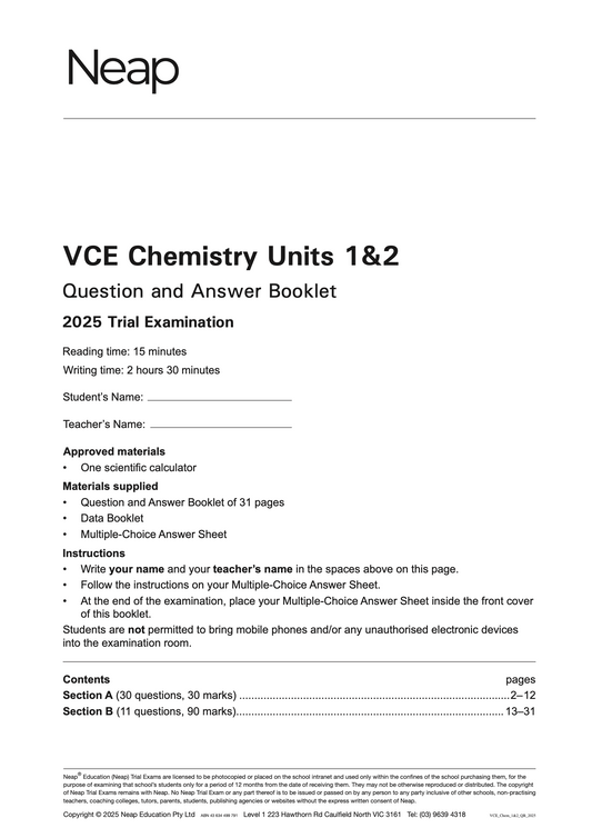 Neap Practice Exam: 2025 VCE Chemistry Units 1&2 (Digital)