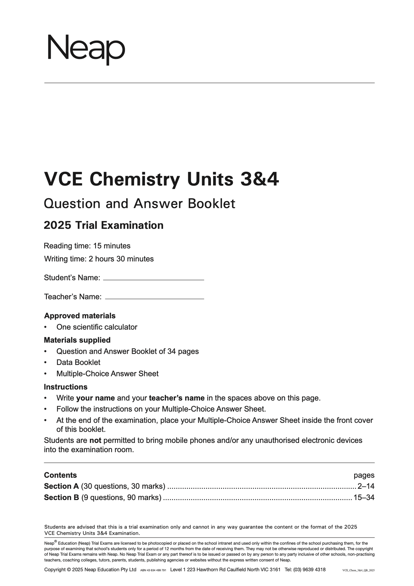 Neap Practice Exam: 2025 VCE Chemistry Units 3&4 (Digital)