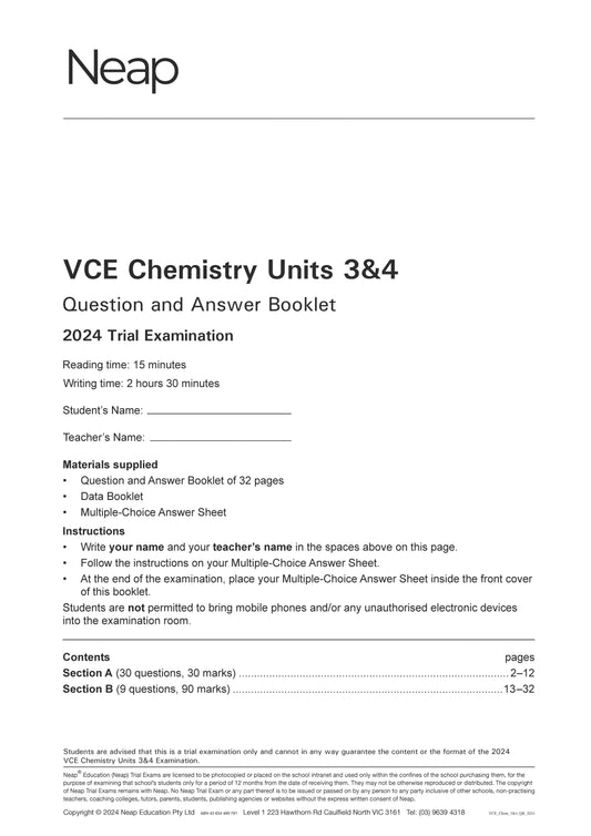 Neap Trial Exam: 2024 VCE Chemistry Units 3&4