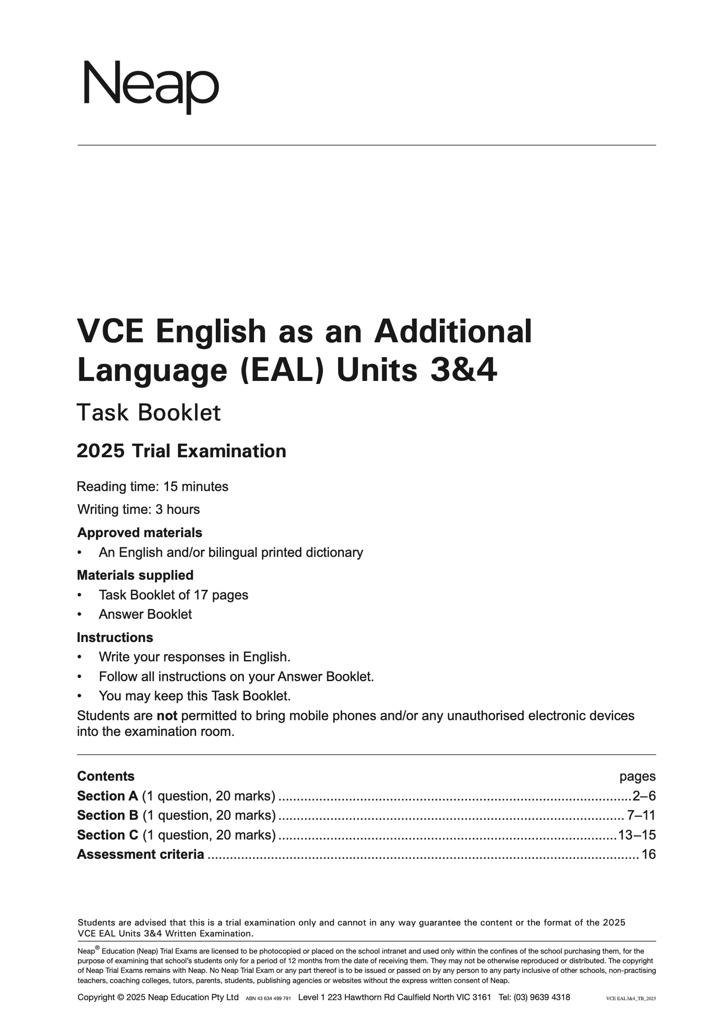 Neap Practice Exam: 2025 VCE English as an Additional Language (EAL) Units 3&4