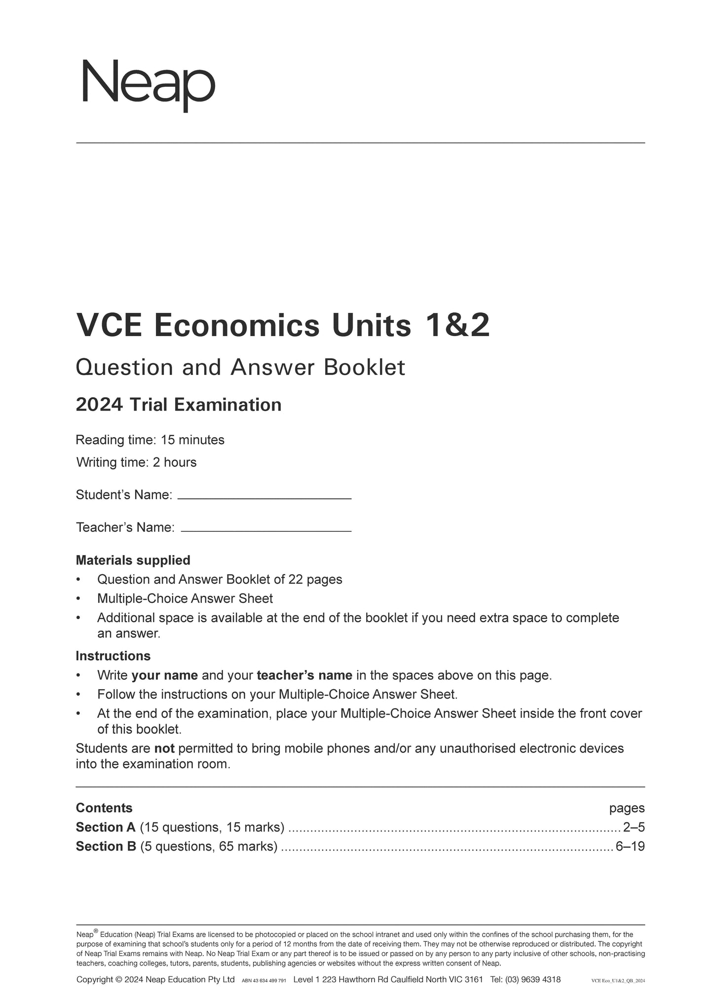 Neap Trial Exam: 2024 VCE Economics Units 1&2