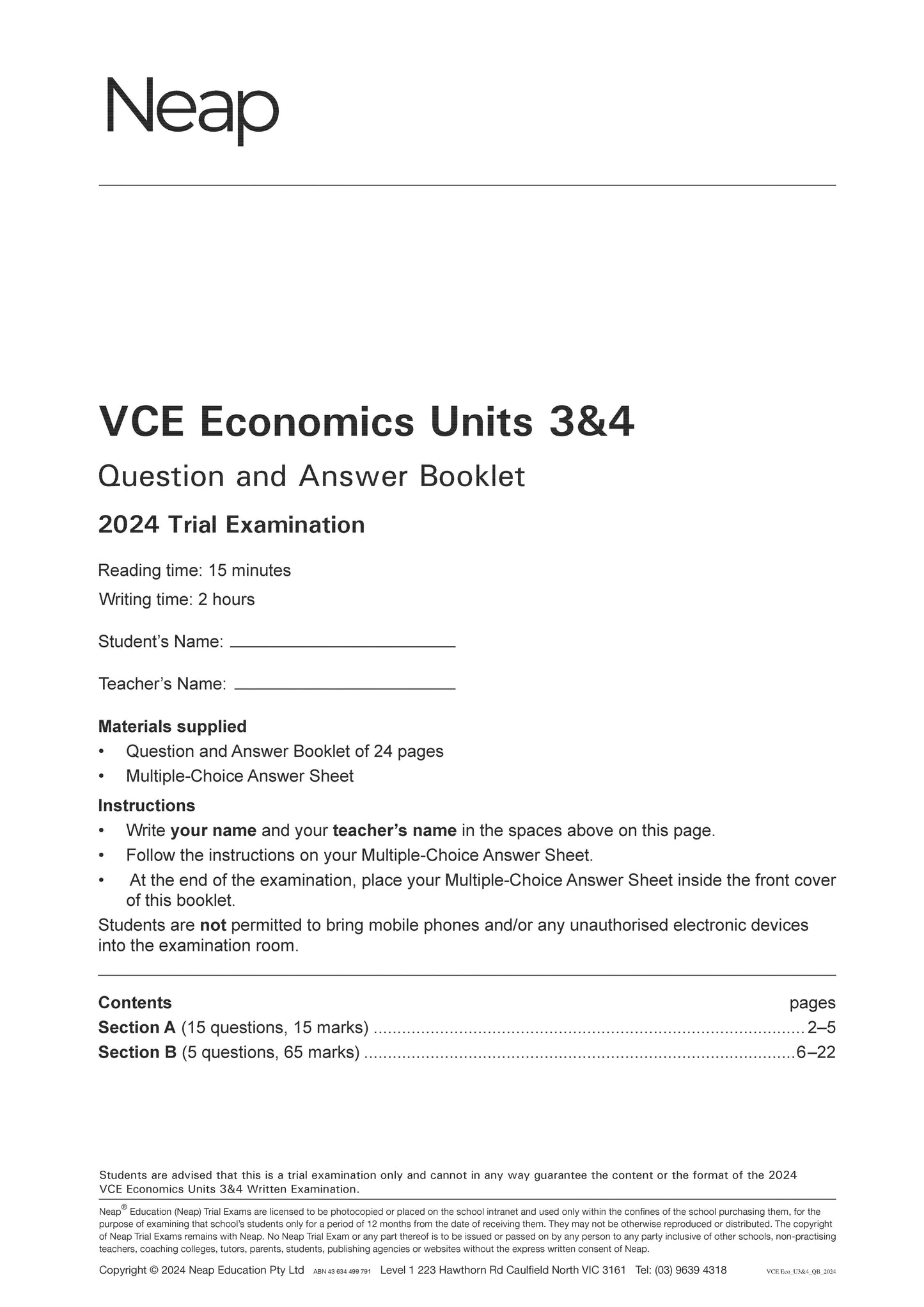 Neap Trial Exam: 2024 VCE Economics Units 3&4