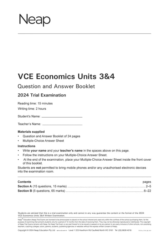 Neap Trial Exam: 2024 VCE Economics Units 3&4