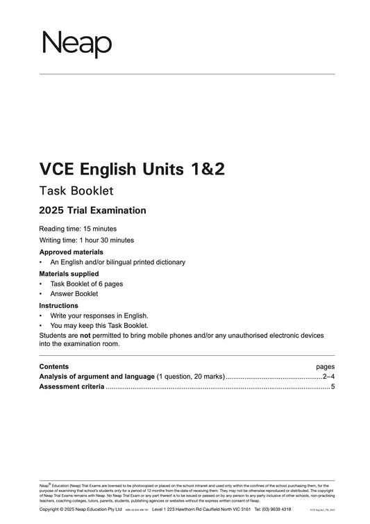 Neap Practice Exam: 2025 VCE English Units 1&2