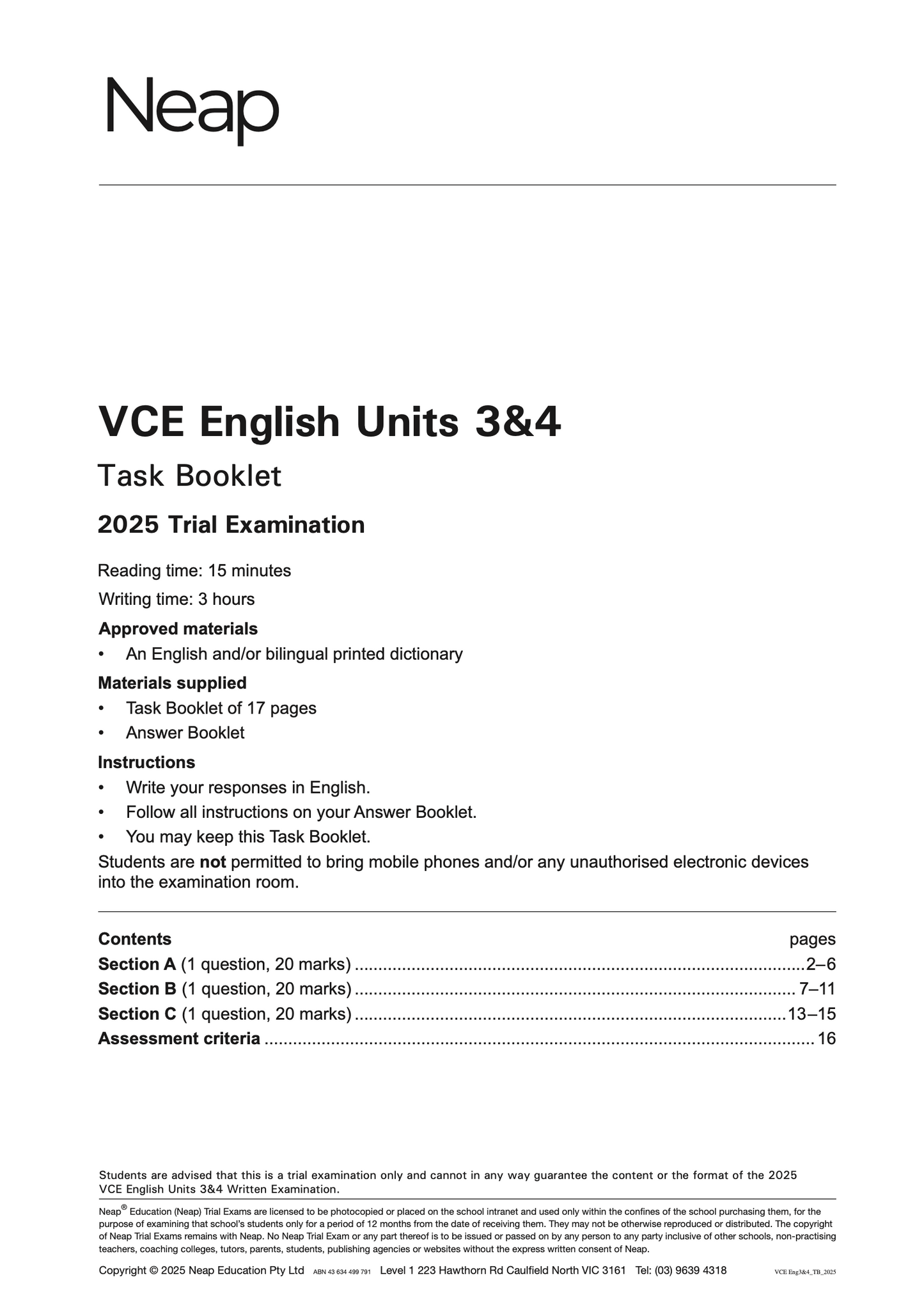 Neap Practice Exam: 2025 VCE English Units 3&4