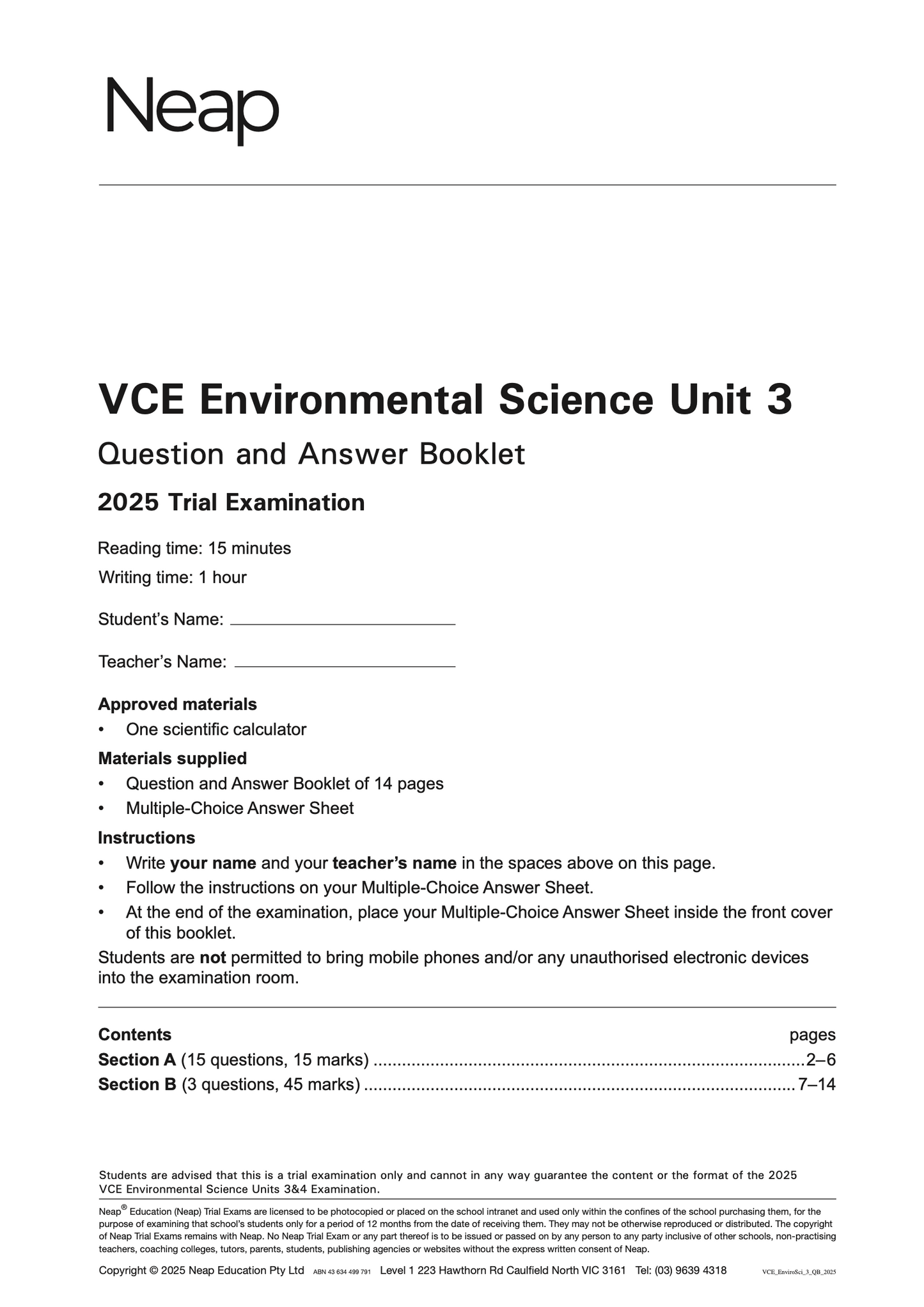 Neap Practice Exam: 2025 VCE Environmental Science Unit 3 (Digital)