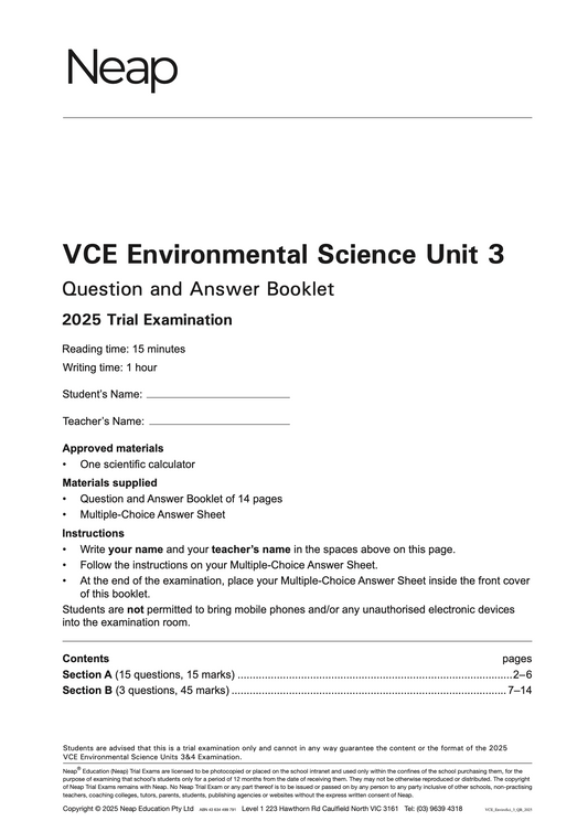 Neap Practice Exam: 2025 VCE Environmental Science Unit 3 (Digital)