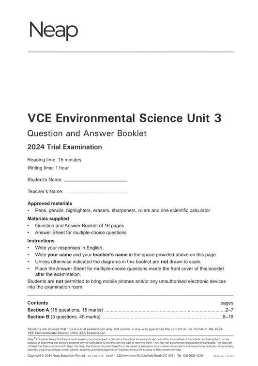 Neap Trial Exam: 2024 VCE Environmental Science Unit 3