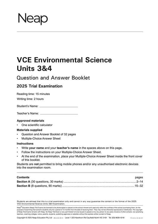 Neap Practice Exam: 2025 VCE Environmental Science Units 3&4 (Digital)