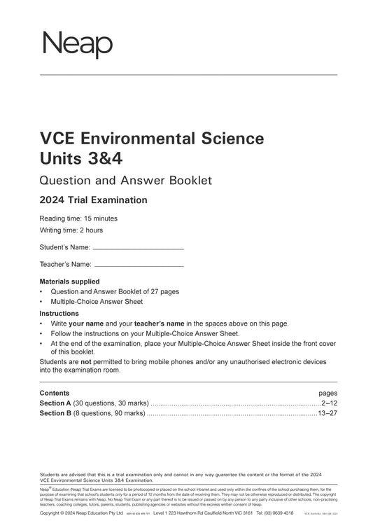 Neap Trial Exam: 2024 VCE Environmental Science Units 3&4