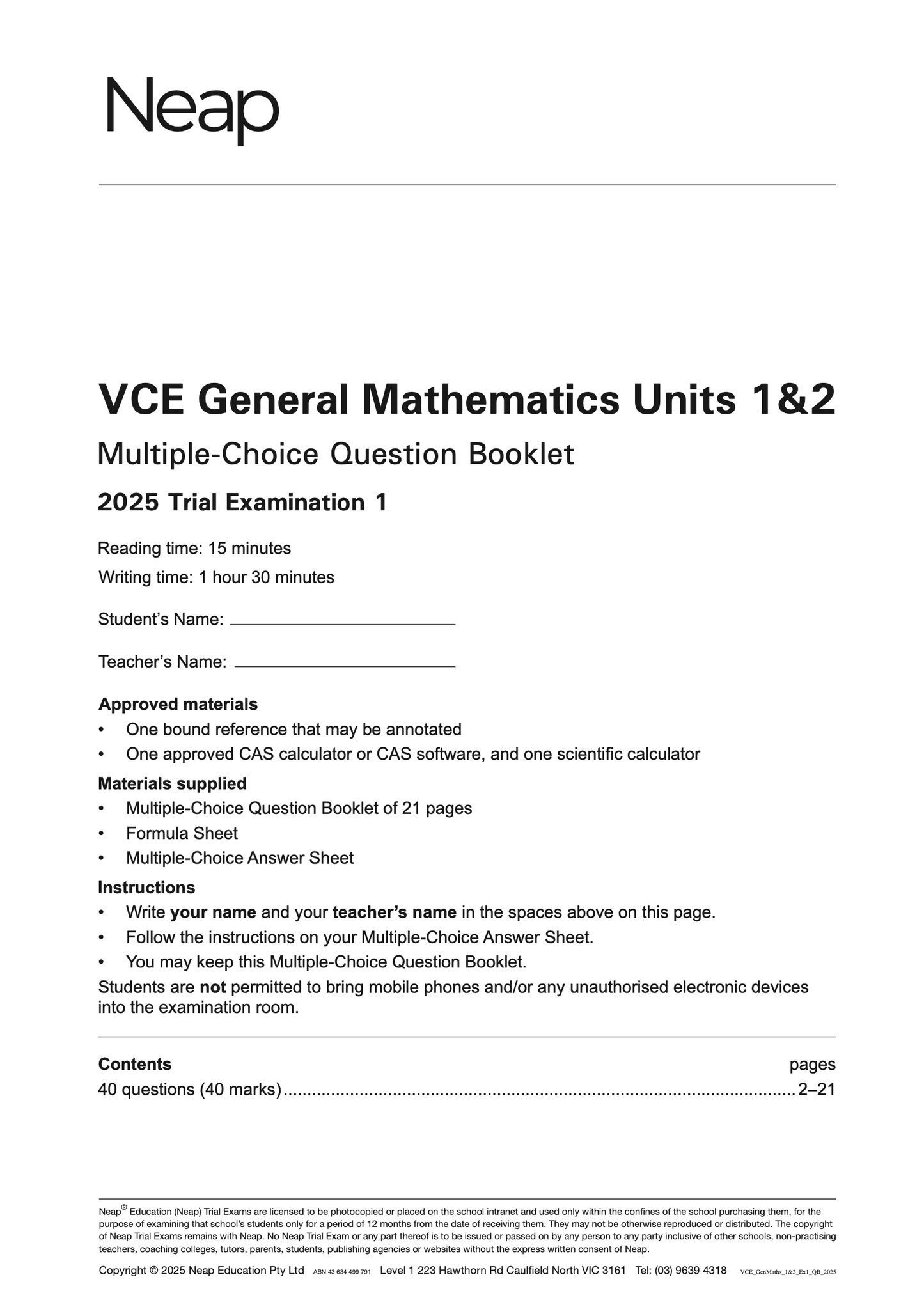 Neap Practice Exam: 2025 VCE General Maths Units 1&2 (Digital)