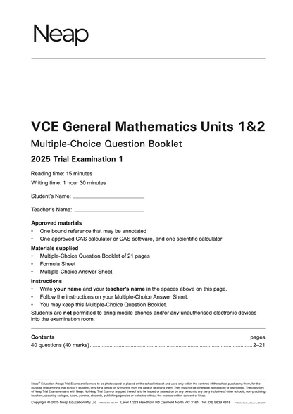 Neap Practice Exam: 2025 VCE General Maths Units 1&2 (Digital)