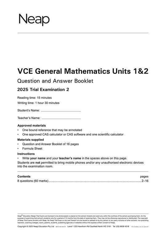 Neap Practice Exam: 2025 VCE General Maths Units 1&2 (Digital)