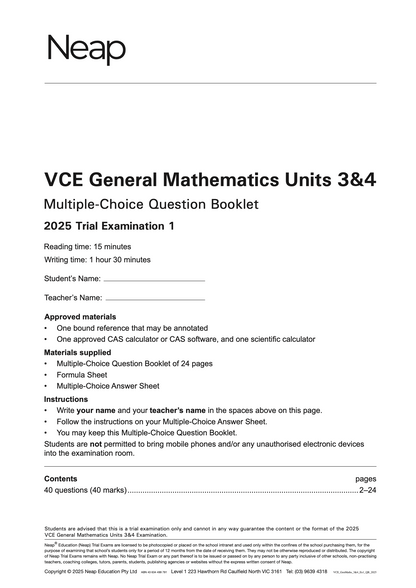 Neap Practice Exam: 2025 VCE General Maths Units 3&4 (Digital)