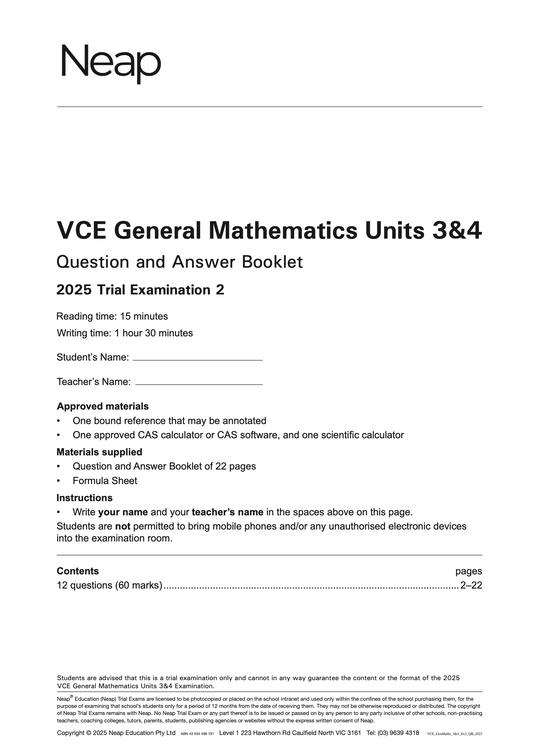 Neap Practice Exam: 2025 VCE General Maths Units 3&4 (Digital)