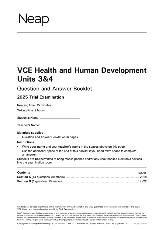 Neap Practice Exam: 2025 VCE Health and Human Development (HHD) Units 3&4 (Digital)