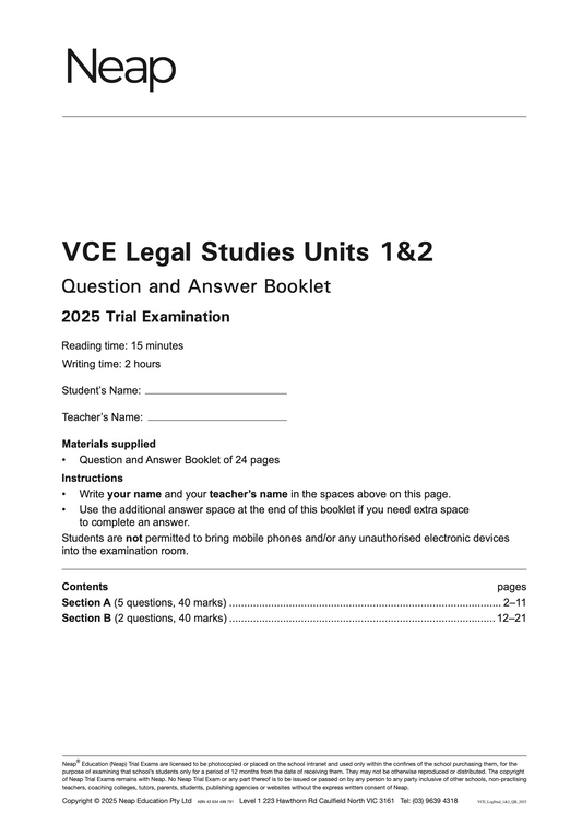 Neap Practice Exam: 2025 VCE Legal Studies Units 1&2