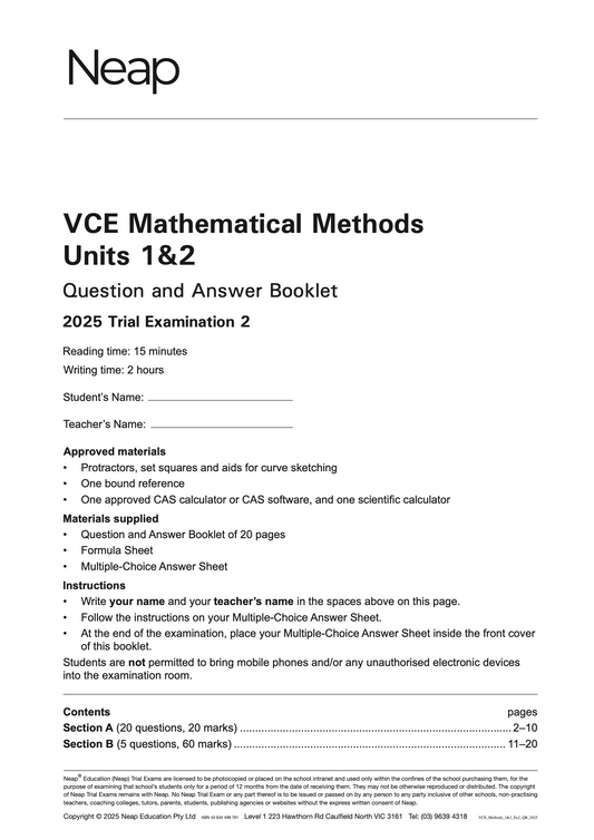 Neap Practice Exam: 2025 VCE Maths Methods Units 1&2 (Digital)