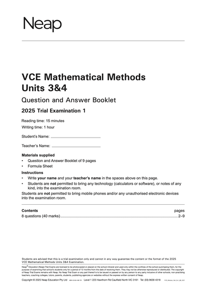 Neap Practice Exam: 2025 VCE Maths Methods Units 3&4 (Digital)