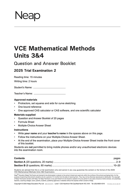Neap Practice Exam: 2025 VCE Maths Methods Units 3&4 (Digital)