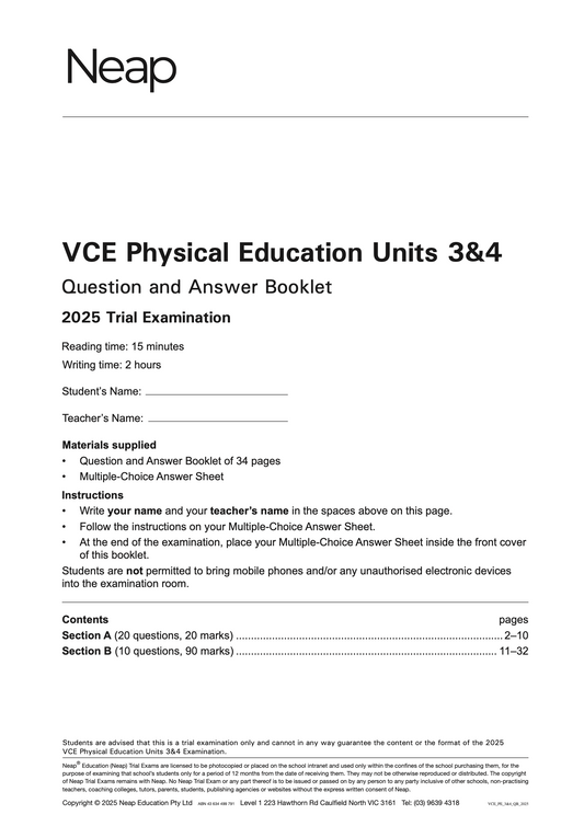 Neap Practice Exam: 2025 VCE Physical Education (PE) Units 3&4 (Digital)