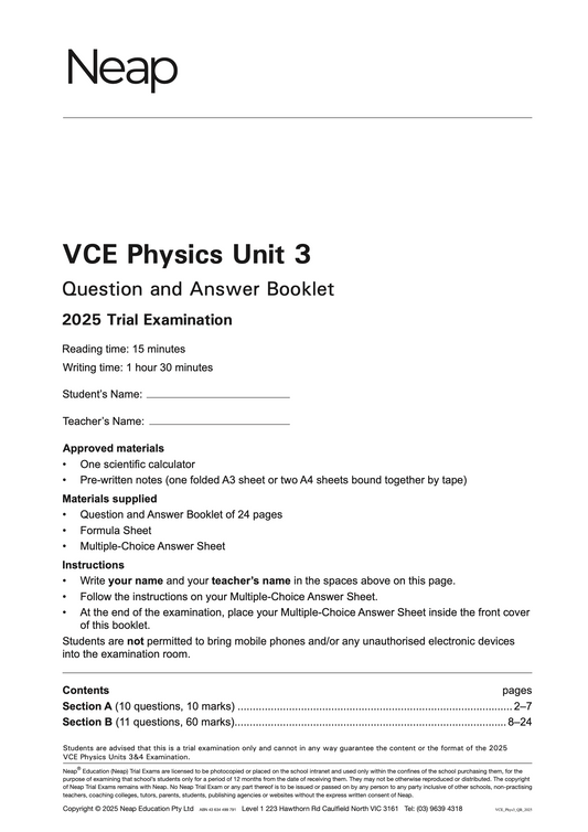 Neap Practice Exam: 2025 VCE Physics Unit 3 (Digital)