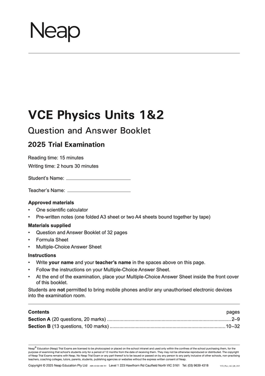 Neap Practice Exam: 2025 VCE Physics Units 1&2 (Digital)