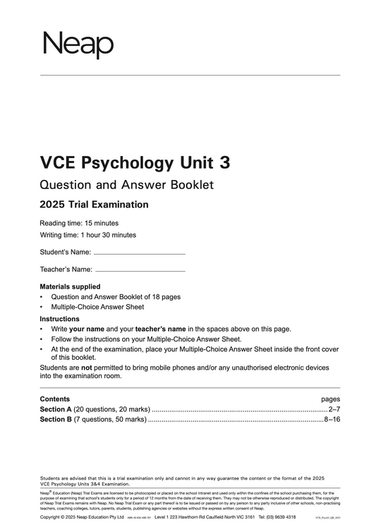 Neap Practice Exam: 2025 VCE Psychology Unit 3
