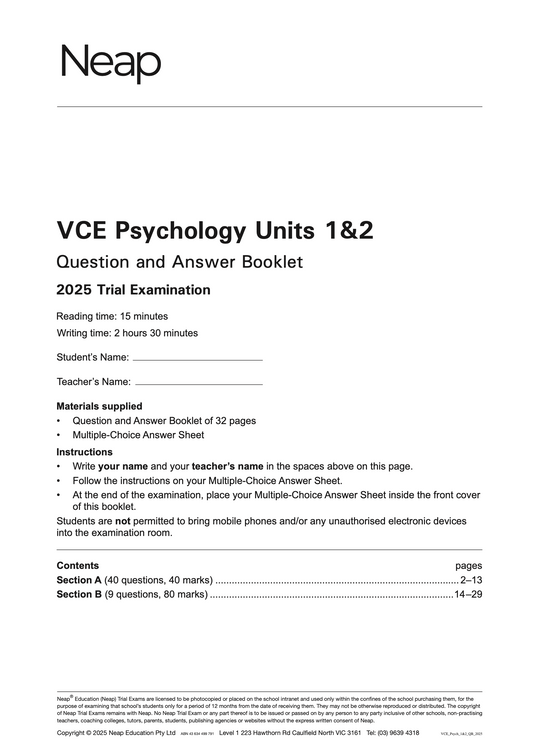 Neap Practice Exam: 2025 VCE Psychology Units 1&2