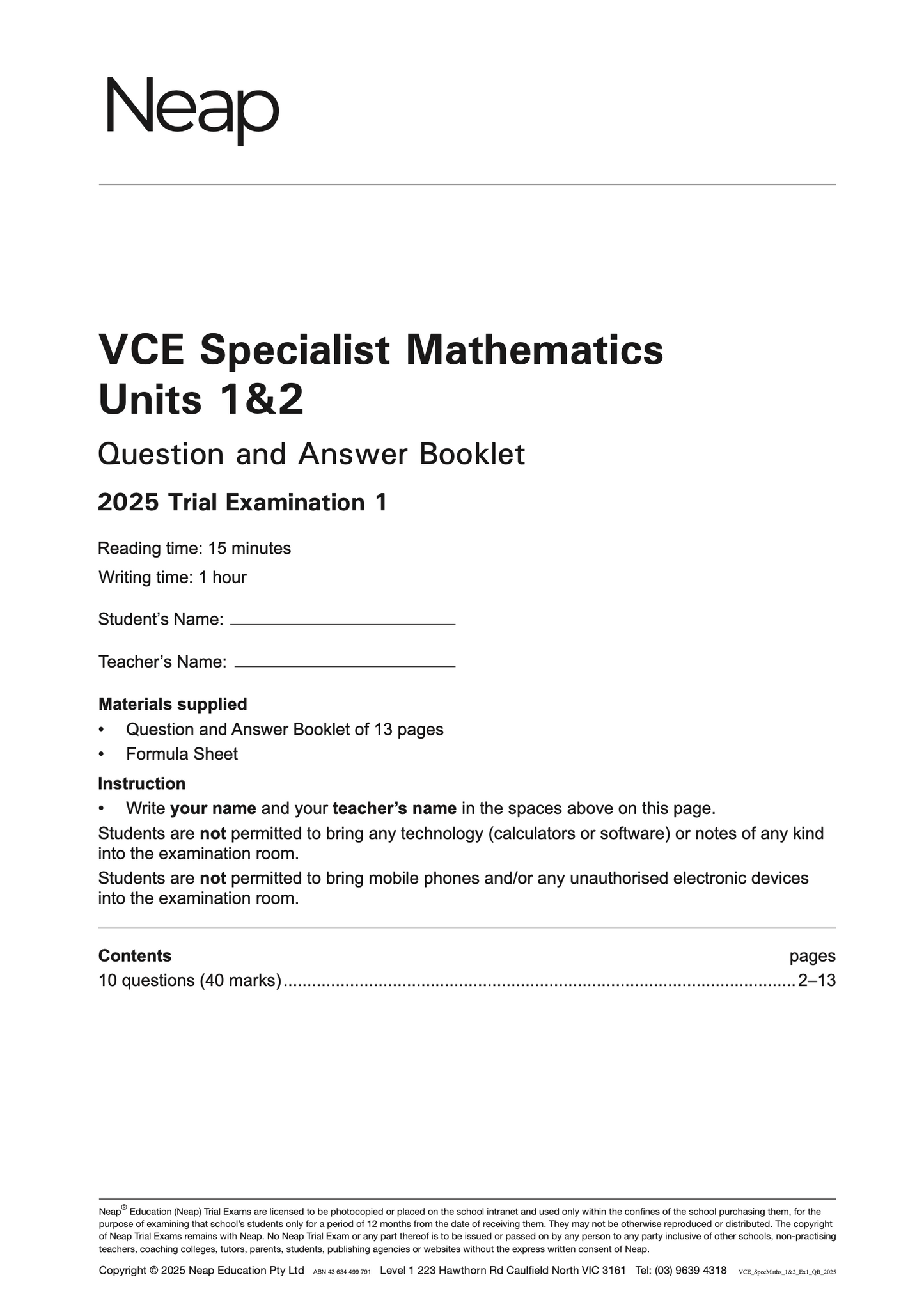 Neap Practice Exam: 2025 VCE Specialist Maths Units 1&2 (Digital)