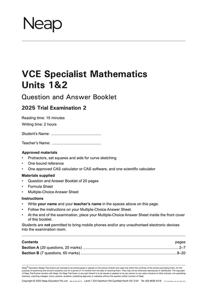 Neap Practice Exam: 2025 VCE Specialist Maths Units 1&2 (Digital)