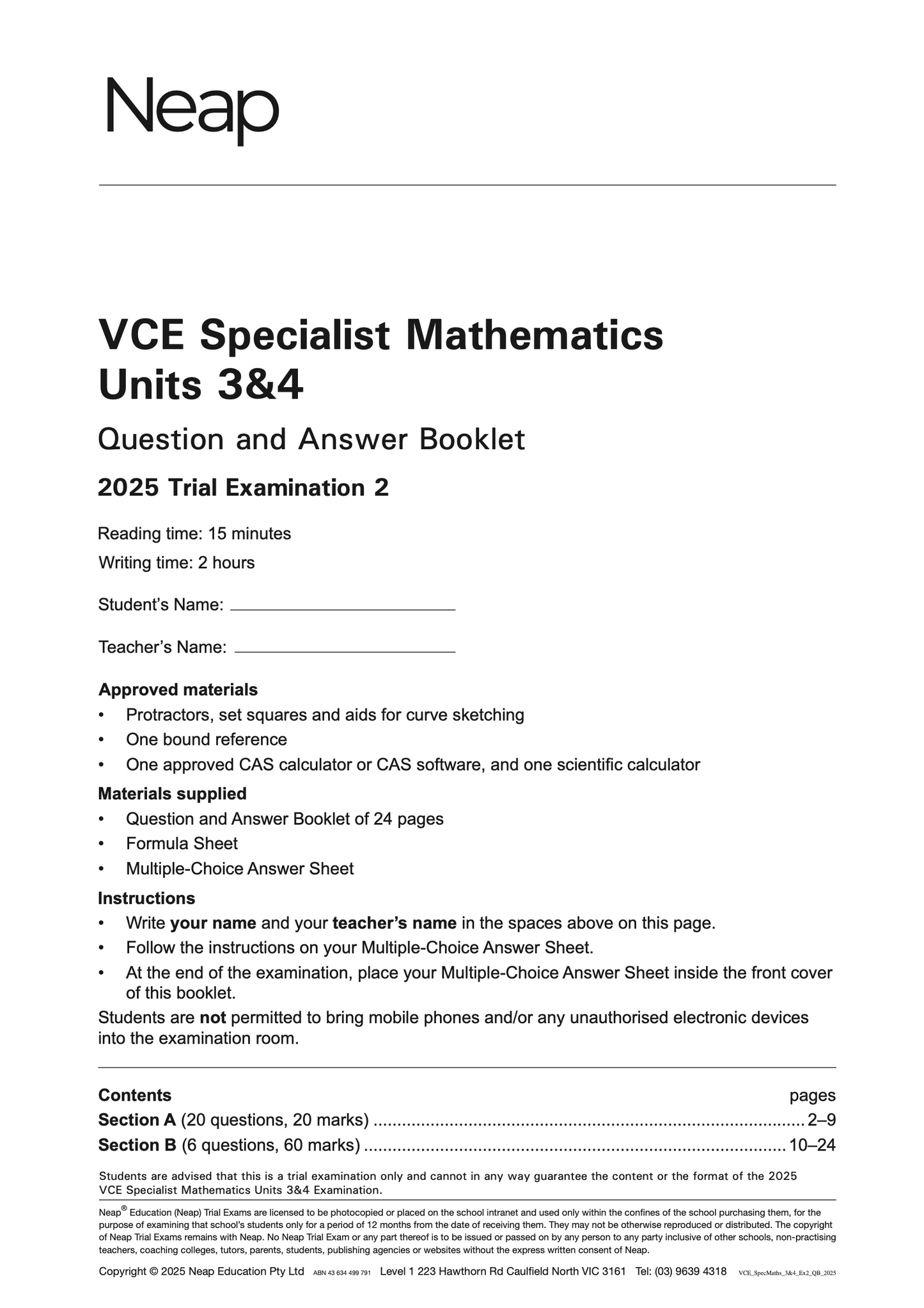 Neap Practice Exam: 2025 VCE Specialist Maths Units 3&4 (Digital)