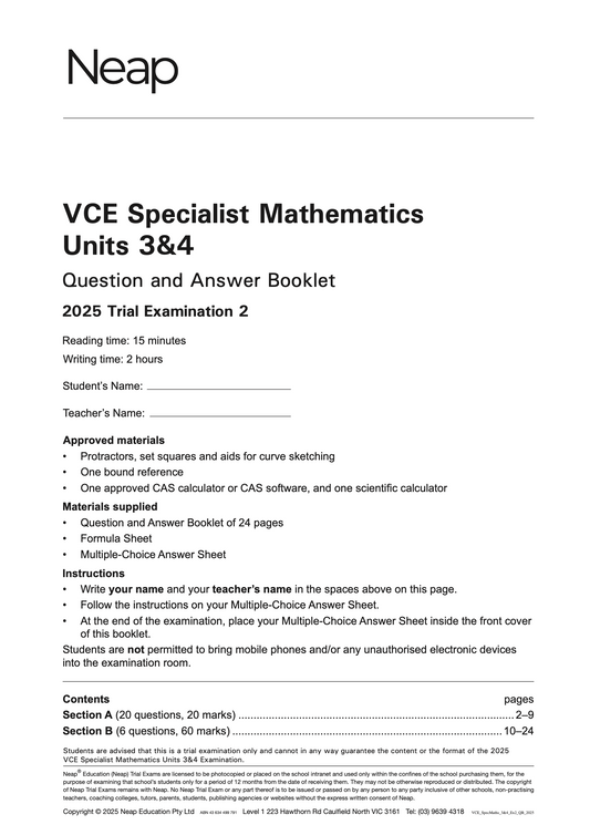 Neap Practice Exam: 2025 VCE Specialist Maths Units 3&4 (Digital)