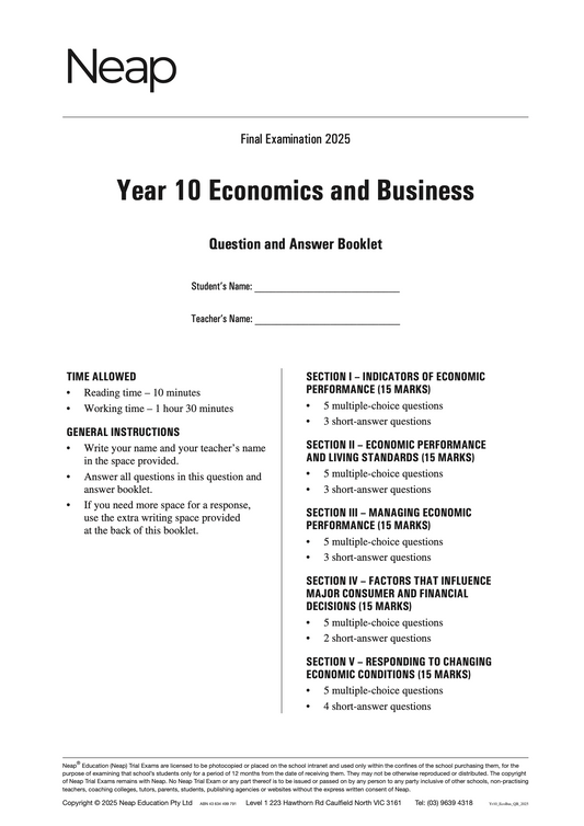 Neap Practice Exam: 2025 Year 10 Economics and Business (Digital)