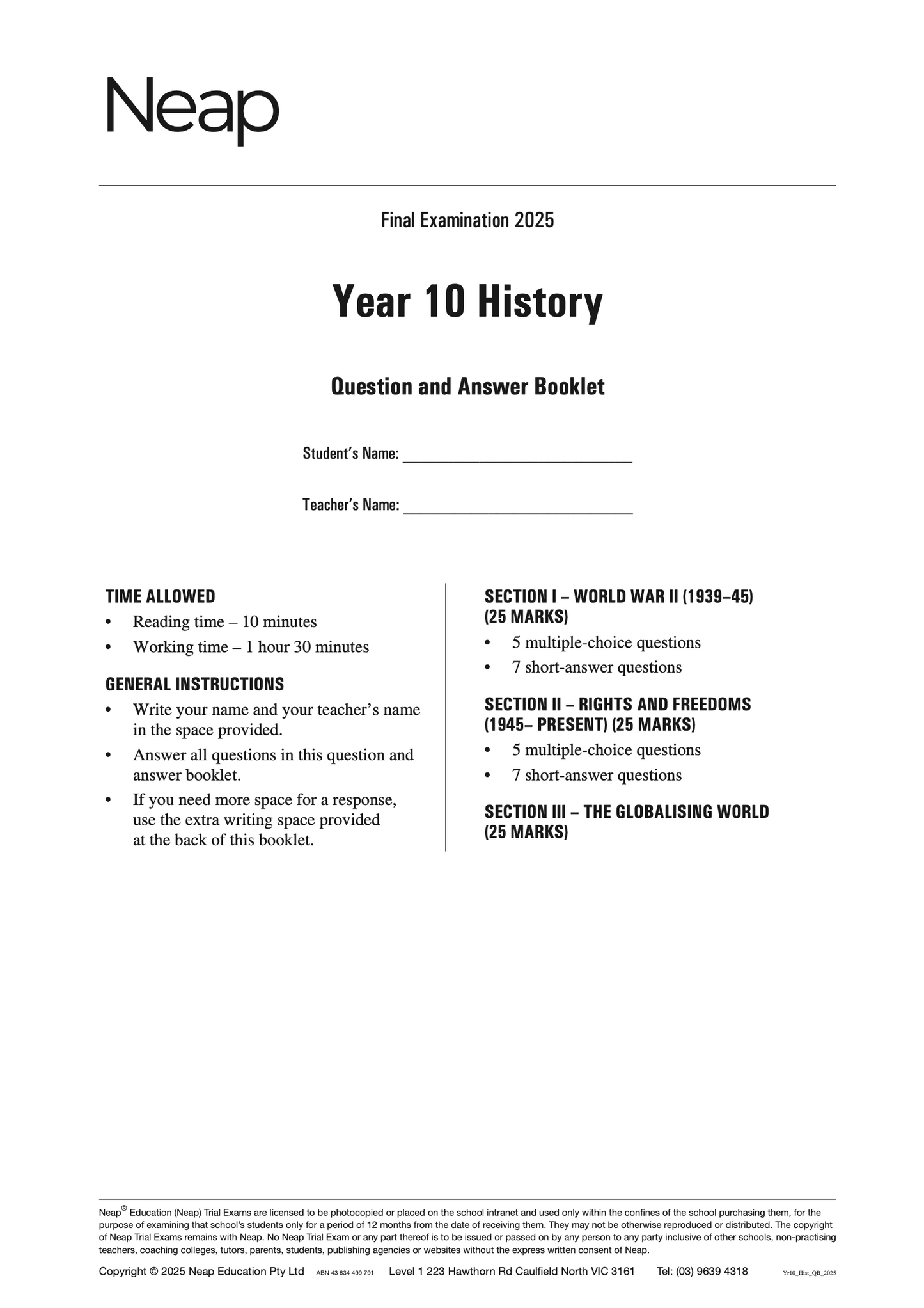 Neap Practice Exam: 2025 Year 10 History (Digital)