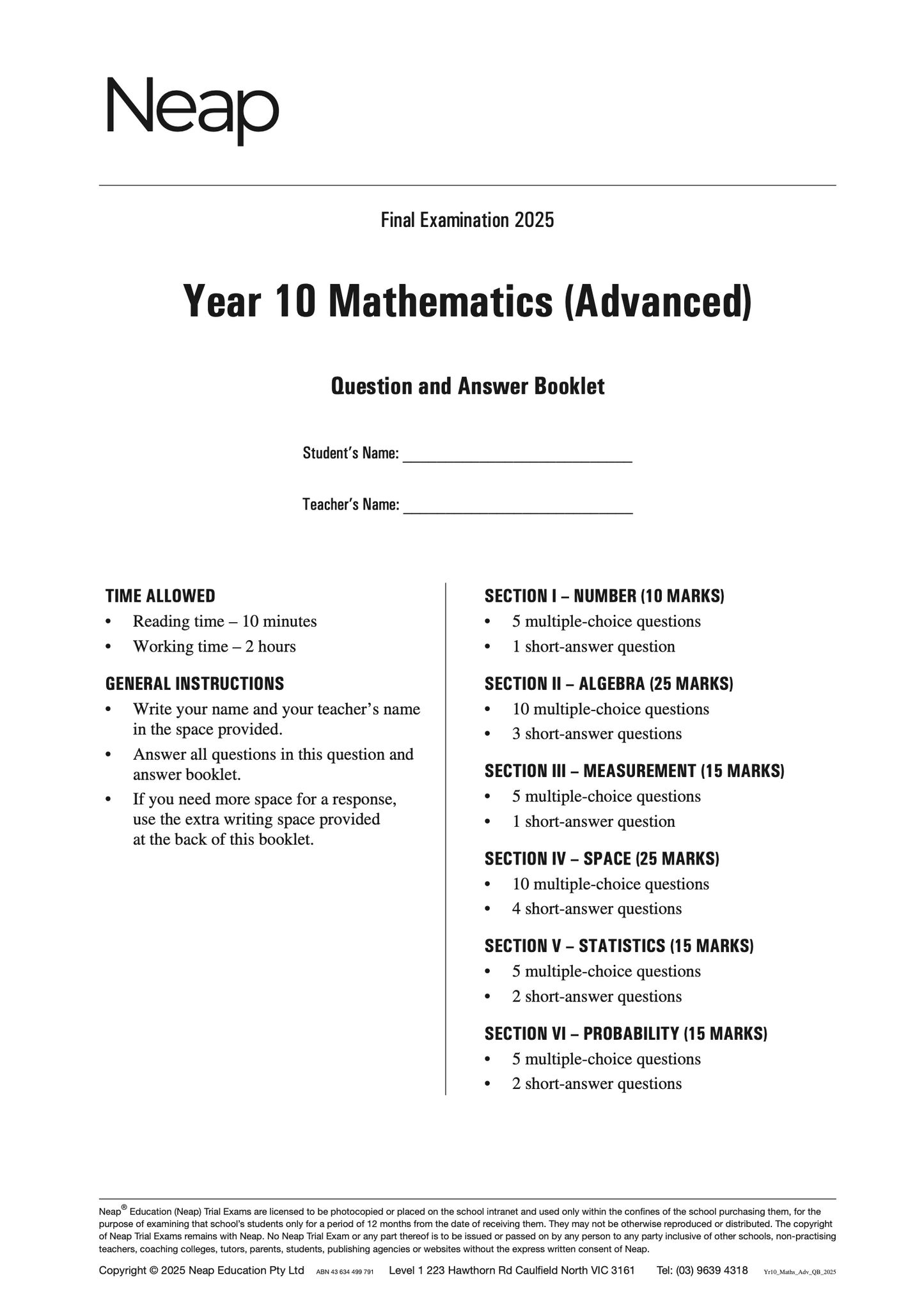 Neap Practice Exam: 2025 Year 10 Maths Advanced (Digital)