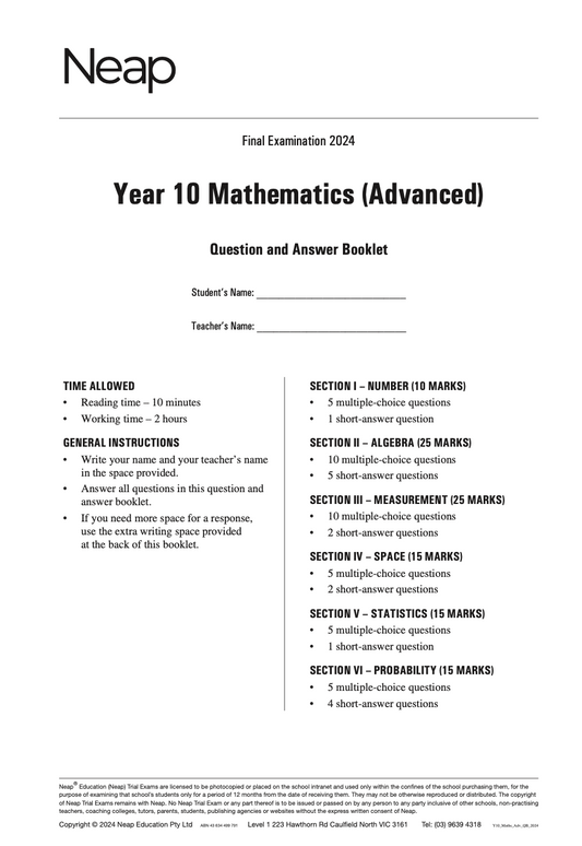 Neap Practice Exam: 2024 Year 10 Maths Advanced
