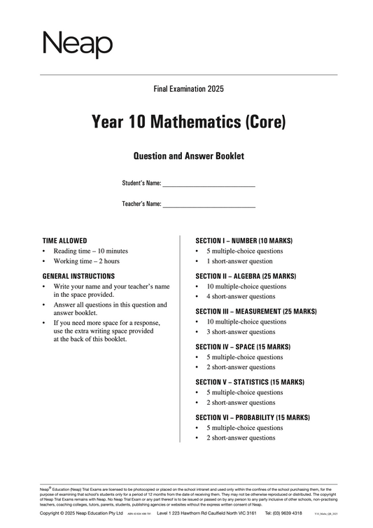 Neap Practice Exam: 2025 Year 10 Maths Core